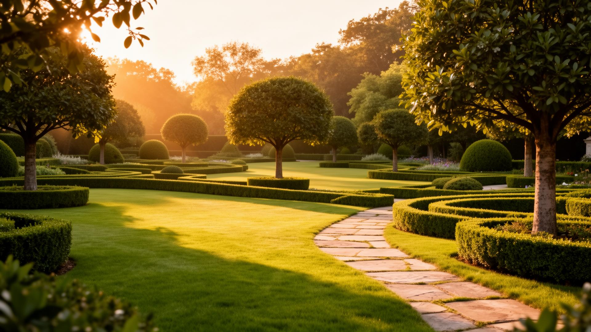 Landscaped garden at golden hour